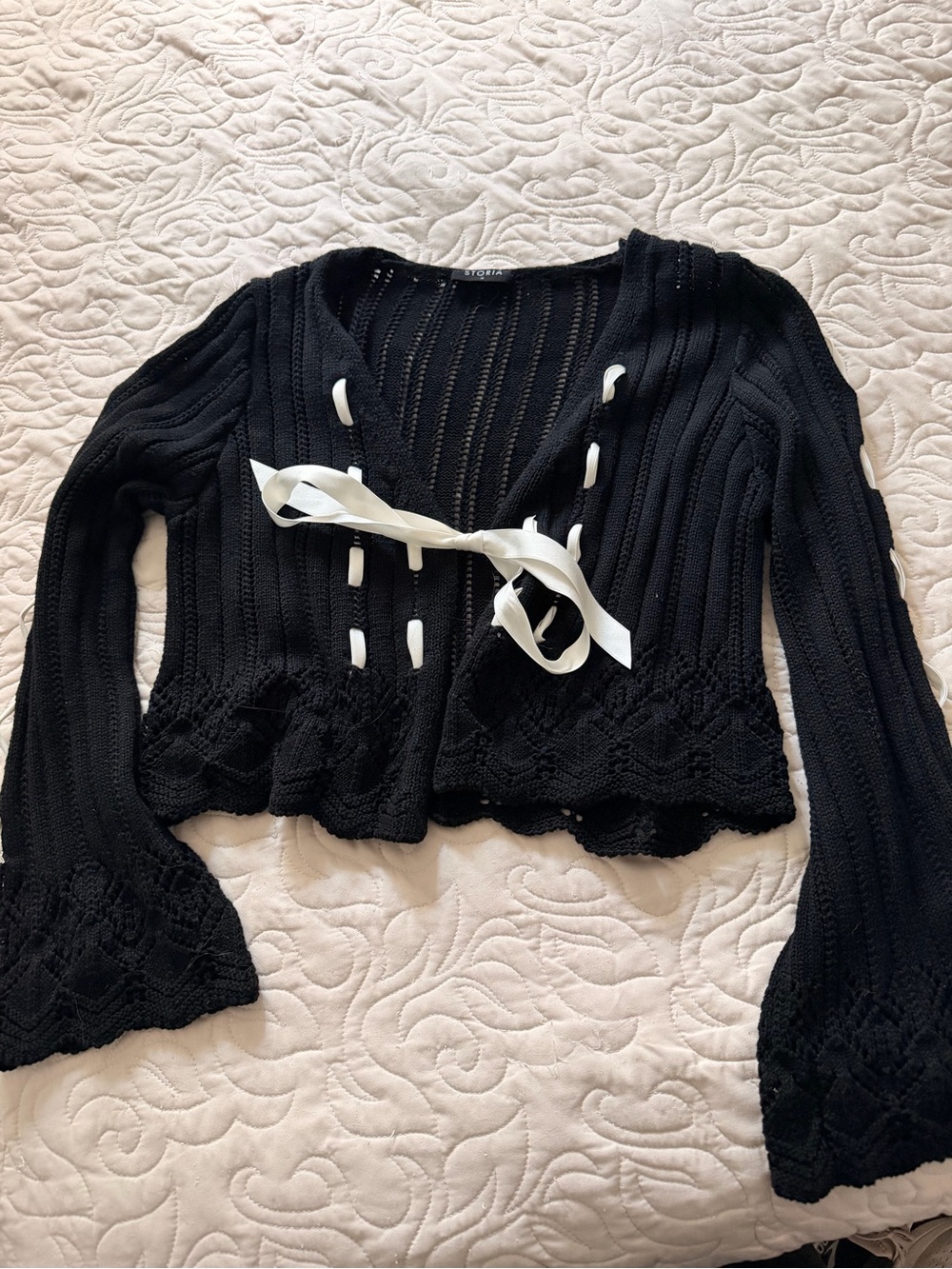 Storia Black Knit Cropped Cardigan with White Ribbon Tie Size M